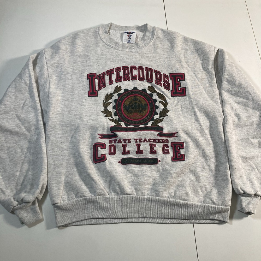 Vintage Y2K Intercourse College Spellout‎ Crewneck Sweater L Jerzees Made in USA